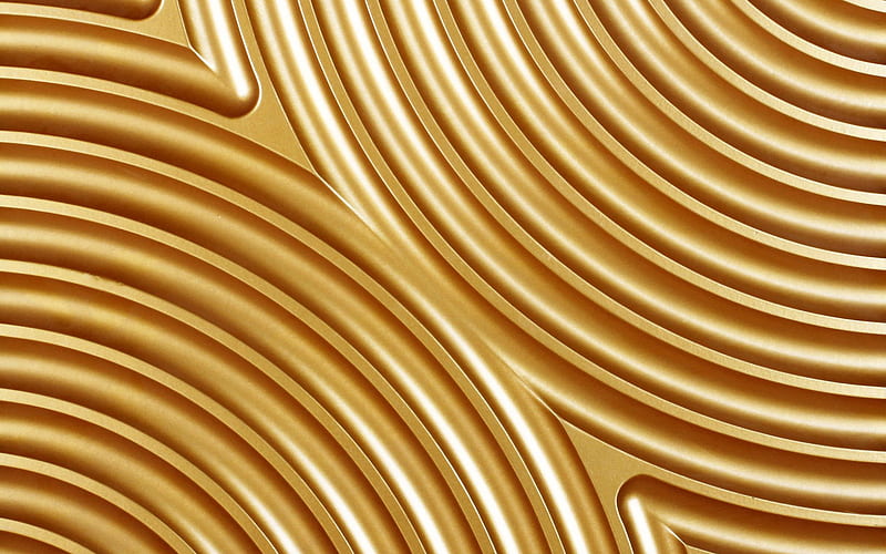 golden 3D waves, wavy backgrounds, waves textures, 3D textures, background with waves, golden backgrounds, 3D waves textures, metal textures, HD wallpaper