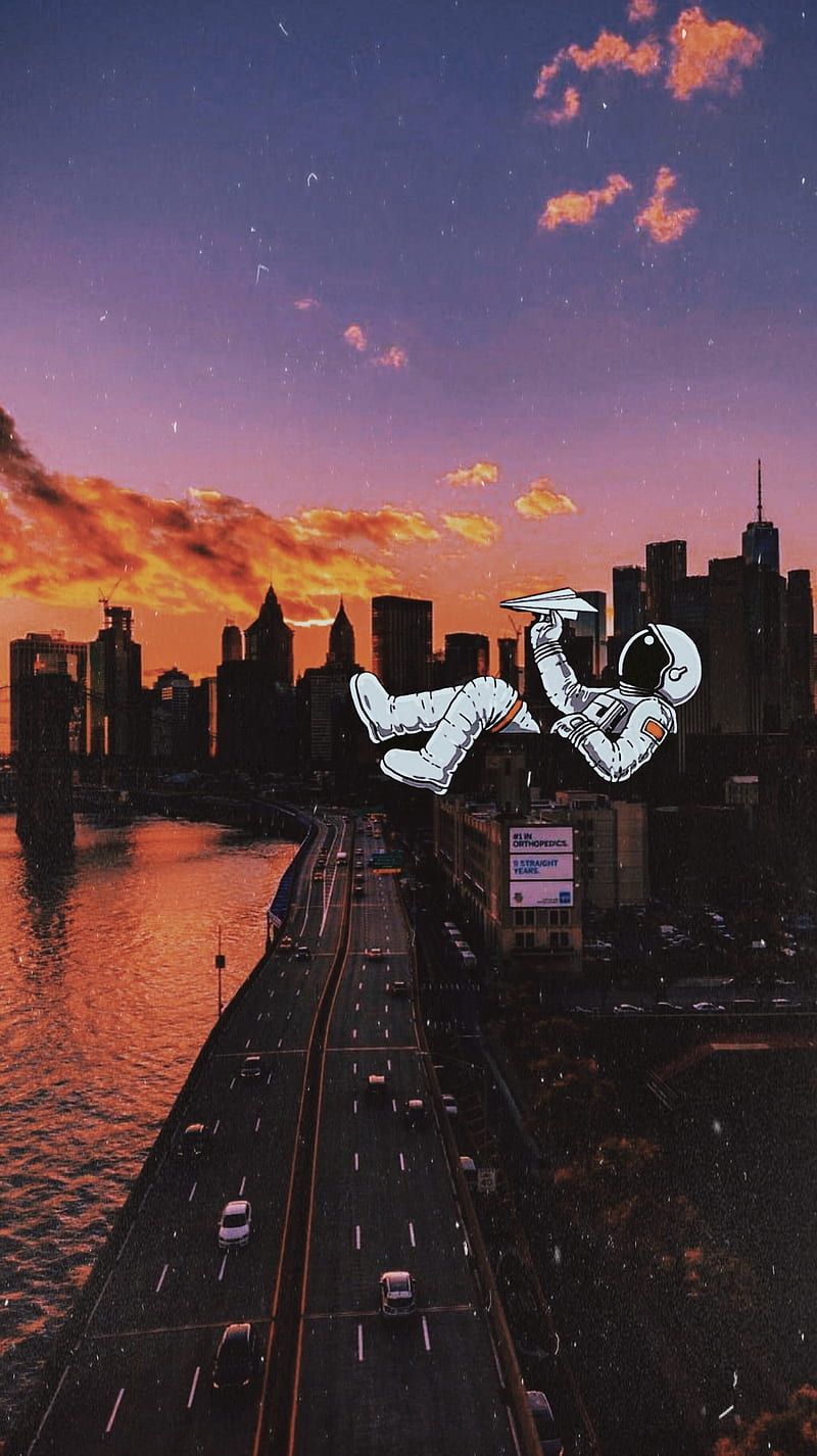 Astronaut ship, city, space, town, HD phone wallpaper