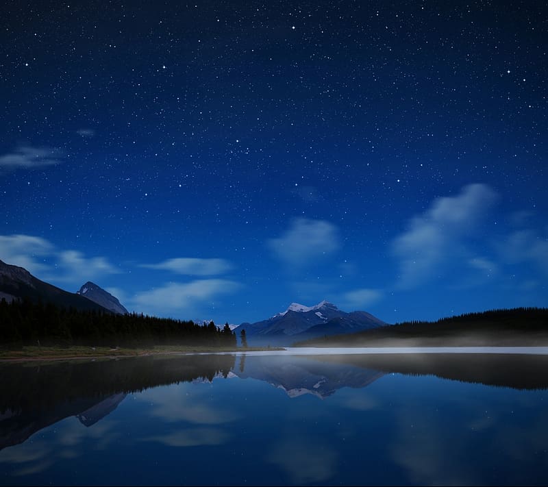 Landscape, Water, Stars, Night, Mountain, Lake, Reflection, Fog, , Cloud, HD wallpaper