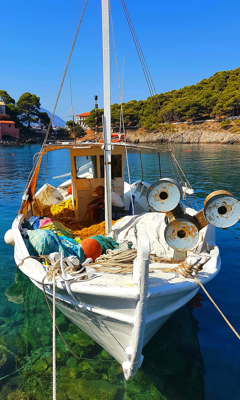 Assos Kefalonia, bonito, blue, boat, greece, holiday, island, sea, summer, HD phone wallpaper