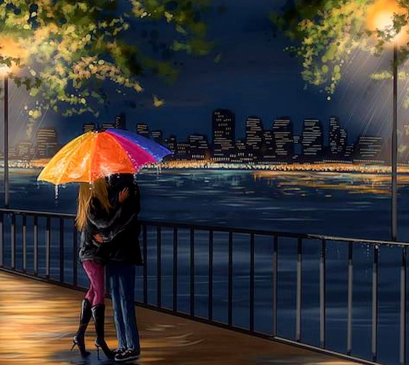 Couple in the Rain, Umbrella, rain, Couple, Night, HD wallpaper
