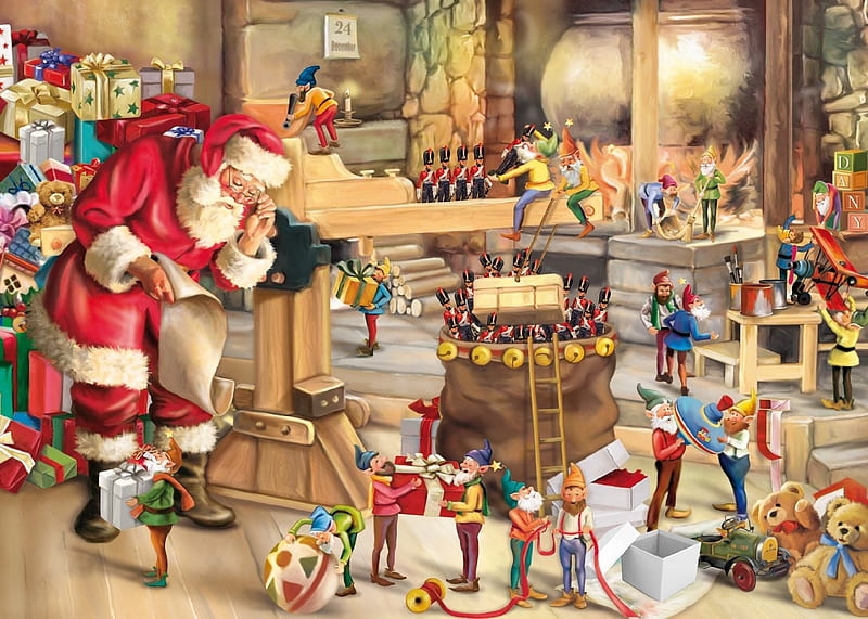 Santa's workshop, elf, painting, gnome, dwarf, pictura, art, red, christmas, craciun, fantasy, santa, HD wallpaper