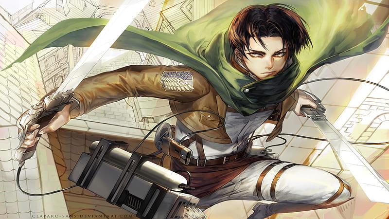 Attack On Titan Levi Ackerman With Two Sords And A Green Scarf On Back With Background Of A Building Anime, HD wallpaper