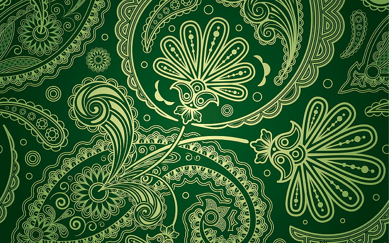 Paisley green texture Paisley gold ornaments, green Paisley background, green paisley pattern, Paisley texture, HD wallpaper