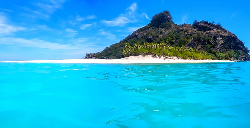 Castaway Island, Fiji, turquoise, sand, rock, bonito, sea, paradisiac, palms, HD wallpaper
