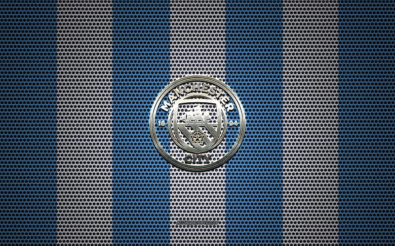 Manchester City FC logo, English football club, metal emblem, blue white metal mesh background, Manchester City FC, Premier League, Manchester, England, football, HD wallpaper