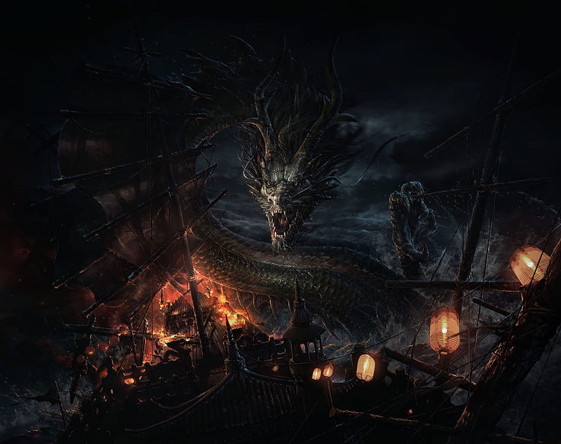 Dragon's attack, ship, dragon, dark, fire, fantasy, flint chen, HD wallpaper
