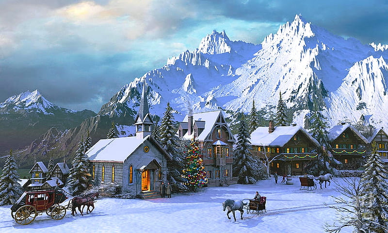 Alpine Christmas, holidays, digital arts, snow, mountains, village, sleighs, winter, Christmas, Homes, quaint, HD wallpaper