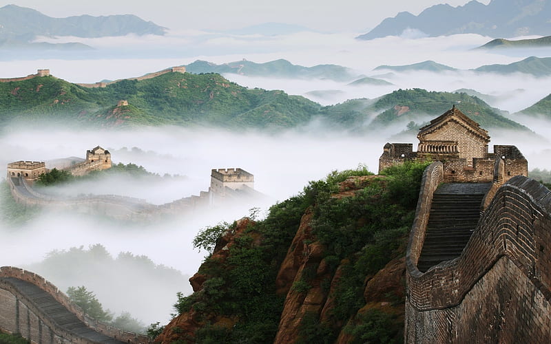 the great wall, mist, china, forest, hills, bricks, towers, stairs, HD wallpaper