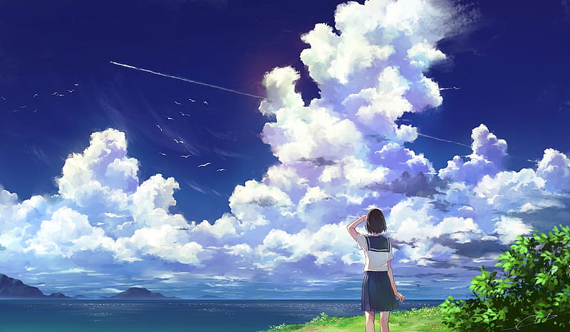 Anime School Girl, Anime Landscape, Clouds, Scenic, Summer for, HD wallpaper  | Peakpx