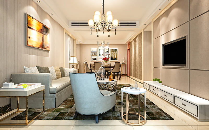 stylish living room interior, classic style, desenho, interior design, gray sofa, HD wallpaper