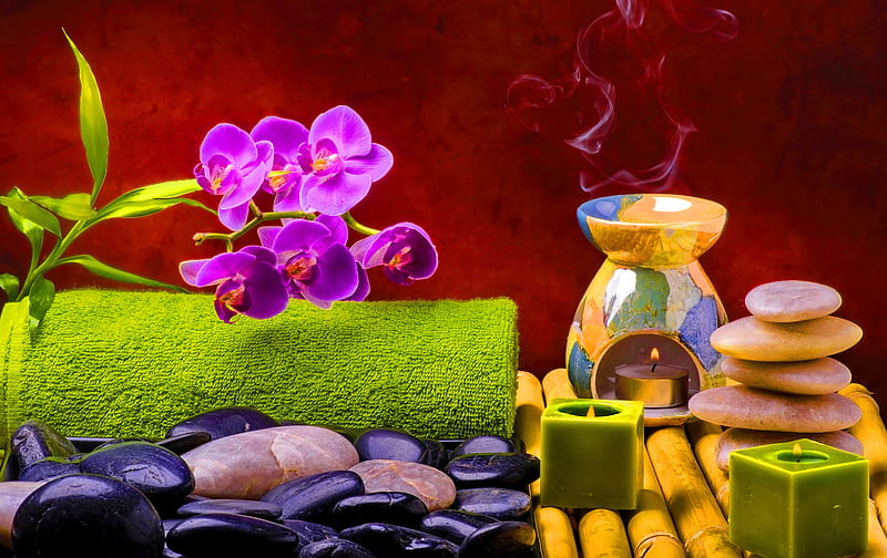 Spa still life, candle, relax, bonito, still life, stones, flame, orchid, spa, flowers, HD wallpaper