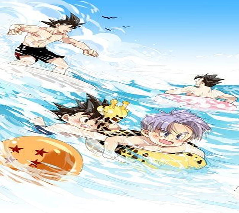 Beach Day, anime, ball, dbz, dragon, gohan, goku, goten, surfing, trunks, HD wallpaper