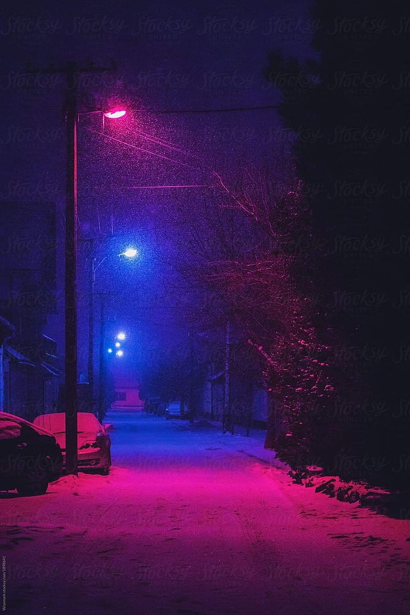 Street Filter, aesthetic, blue, night, pink, snow, street lights, HD phone wallpaper