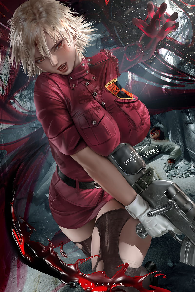 Seras Victoria, alucard, anime, hellsing, manda, red, yellow, HD phone wallpaper