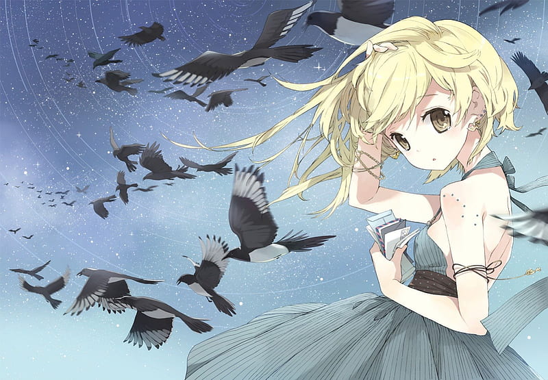 Carrier Pigeon, dress, blond, breeze, wing, anime, feather, hot, anime girl, long hair, letter, female, wings, mail, gown, wind, blonde, blonde hair, sexy, yellow eyes, blond hair, pigeon, cute, fly, bird, windy, flying, dove, HD wallpaper