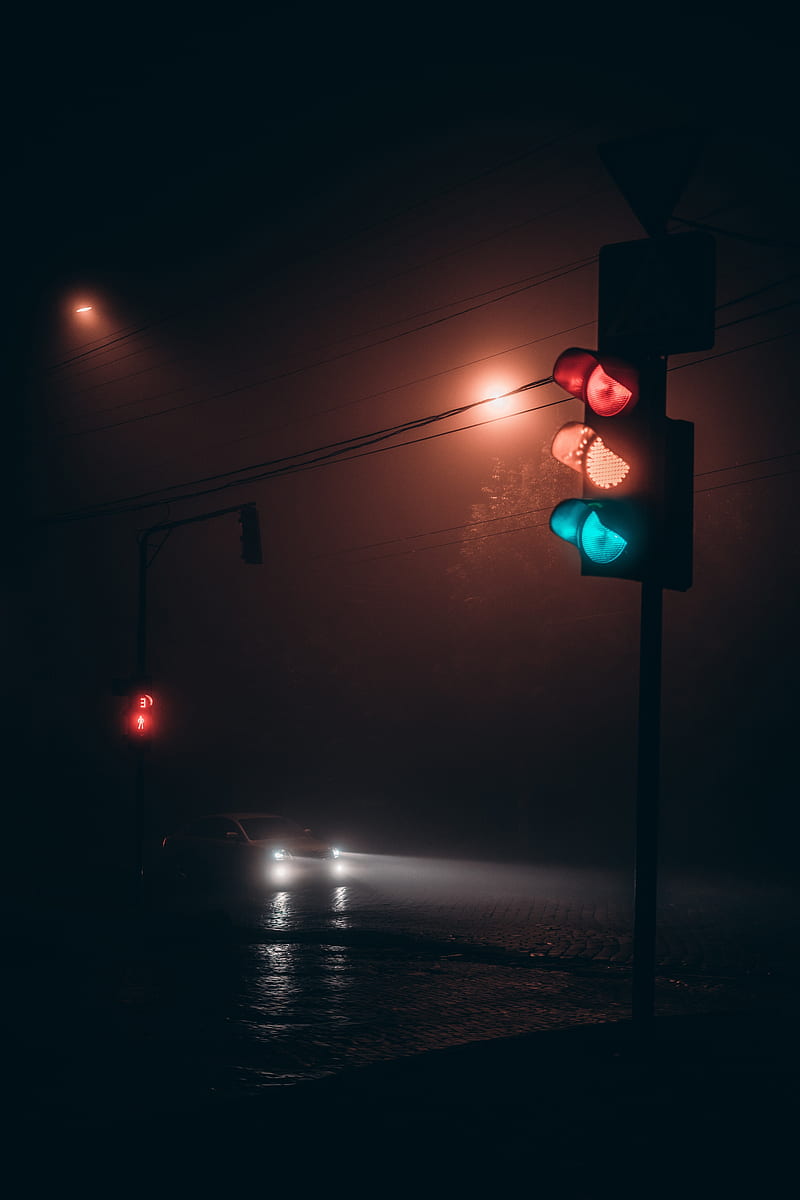 night, dark, road, fog, traffic light, car, HD phone wallpaper