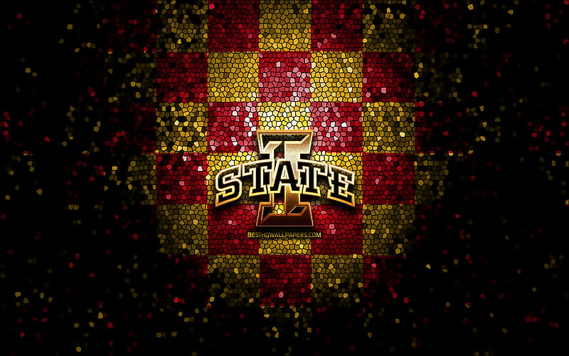 Iowa State Cyclones, glitter logo, NCAA, red yellow checkered background, USA, american football team, Iowa State Cyclones logo, mosaic art, american football, America, HD wallpaper