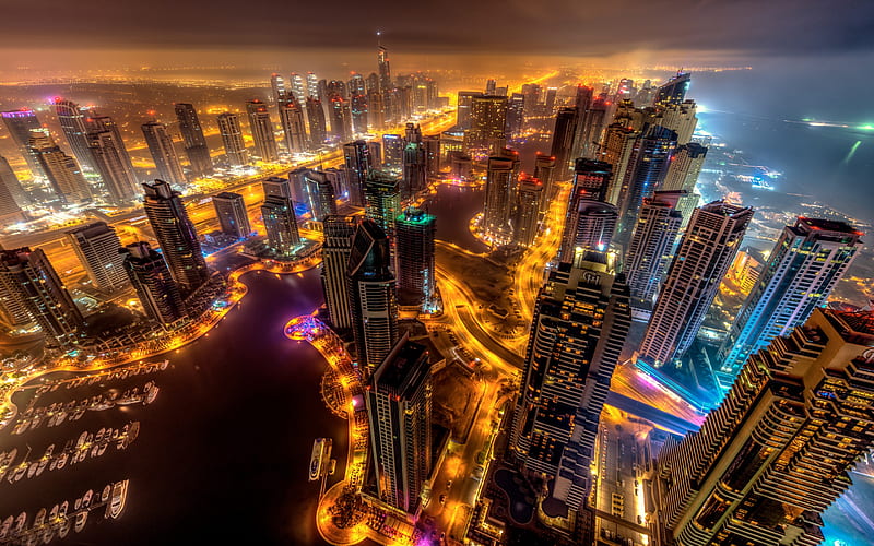 Dubai, night, city lights, skyscrapers, modern buildings, business centers, UAE, beautiful cityscape, United Arab Emirates, HD wallpaper