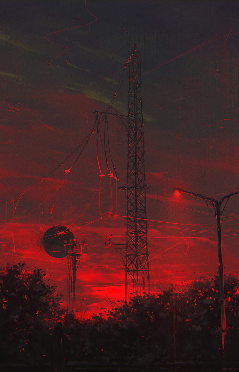 red background, street light, tower, dark, portrait display, vertical, HD phone wallpaper