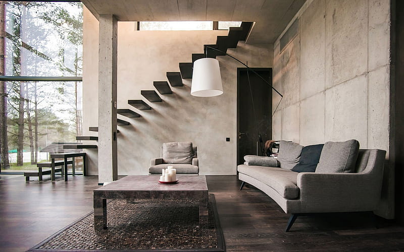 living room, modern design, concrete walls, art concrete, minimalisation, modern interior, HD wallpaper