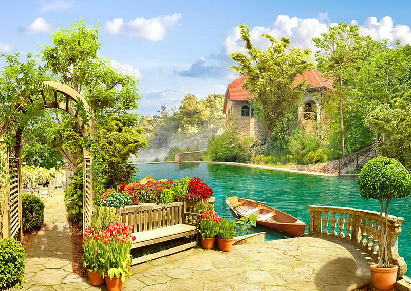 Garden lake, lake, rest, house, bench, bonito, terrace, pond, boat, arch, summer, garden, village, flowers, HD wallpaper