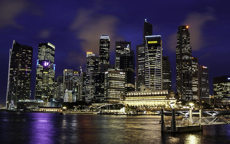 Singapore, pier, nightscapes, metropolis, skyscrapers, Asia, HD wallpaper