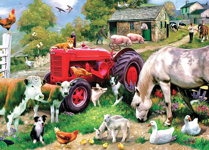 Farm animals, farm, art, cow, goat, painting, horse, pictura, animal, dog, HD wallpaper