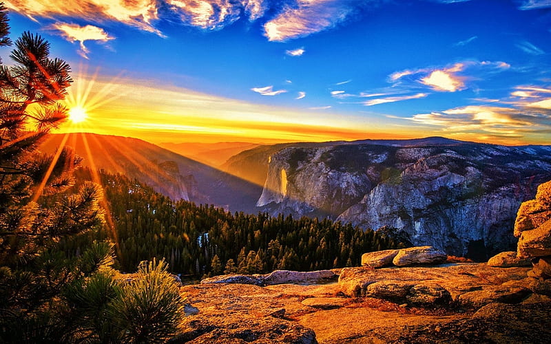 Yosemite National Park, Sentinel Dome, forest, mountains, nature, sunrise, park, trees, clouds, sky, HD wallpaper