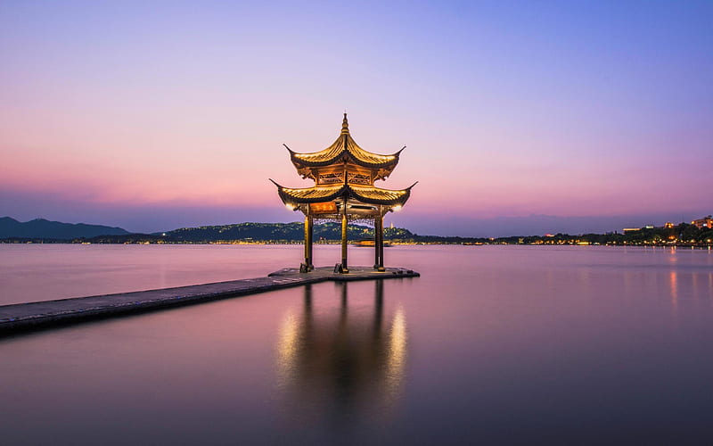 West Lake, China, Water, Reflection, Sky, China, Morning, Pagoda, Purple sky, HD wallpaper