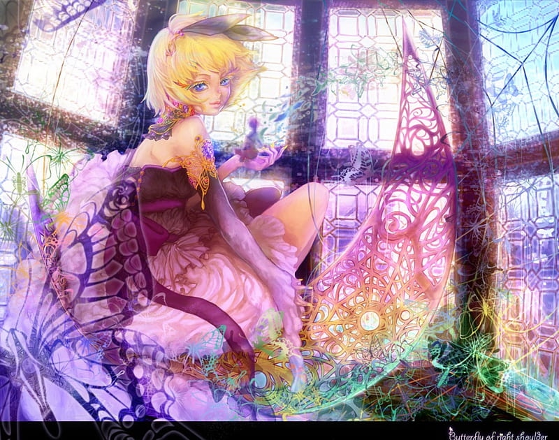 ~Butterfly Queen~, vocaloid, colorful, fantasy, anime, web, bonito, butterflies, rin kagamine, HD wallpaper