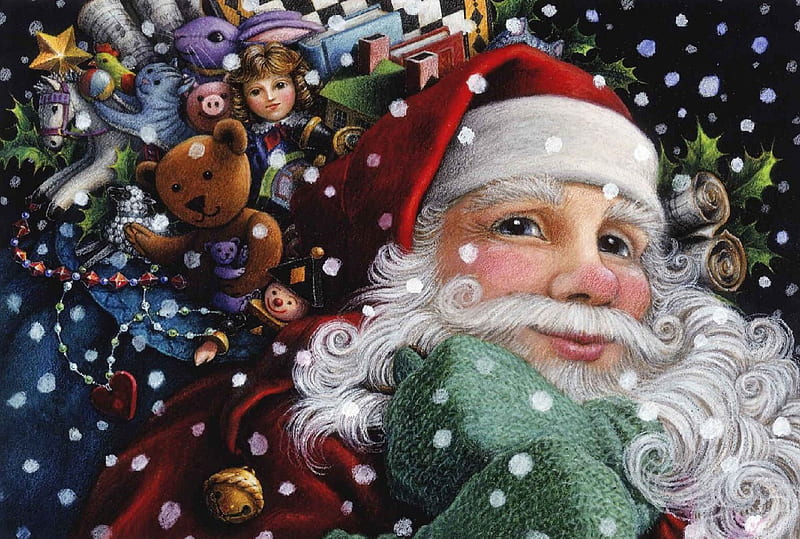 Santa Claus, santa, christmas, snow, sack, toys, HD wallpaper