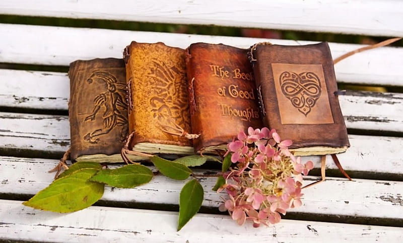 the stories of 4 books, hydrangea, floor, books, objects, old, four, flower, white, pink, wooden, HD wallpaper