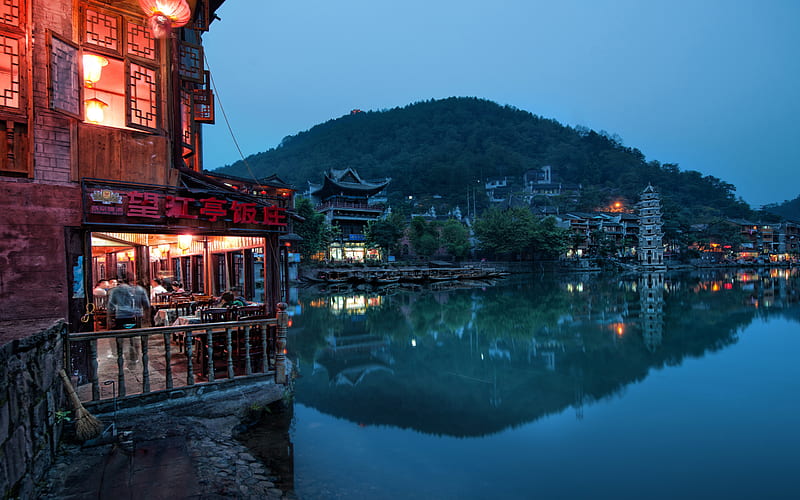 Fascinating town, afternoon, oriental, town, scenery, lake, HD wallpaper