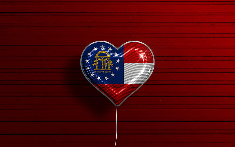 I Love Georgia realistic balloons, red wooden background, United States of America, Georgia flag heart, flag of Georgia, balloon with flag, American states, Love Georgia, USA, HD wallpaper