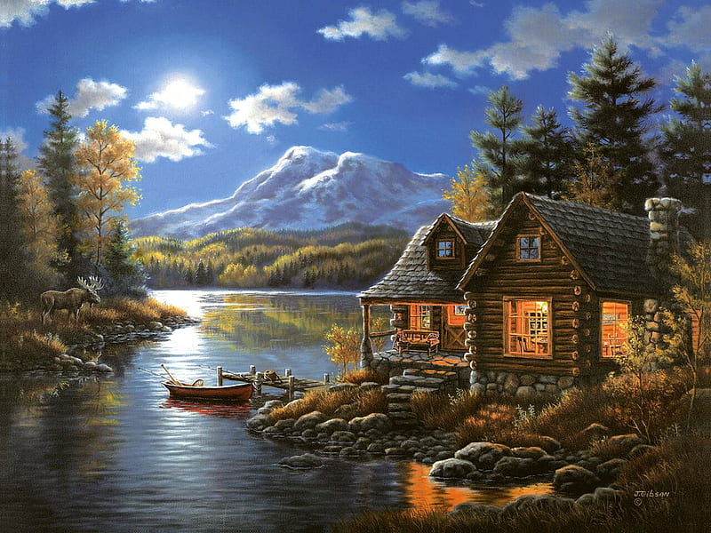 Judy Gibson, mountain, art, tree, house, boat, painting, river, HD wallpaper