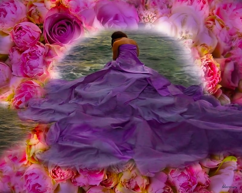 Escape.., sadness, purple long dress, roses, woman, sea, brunette, purple, pink, feelings, HD wallpaper
