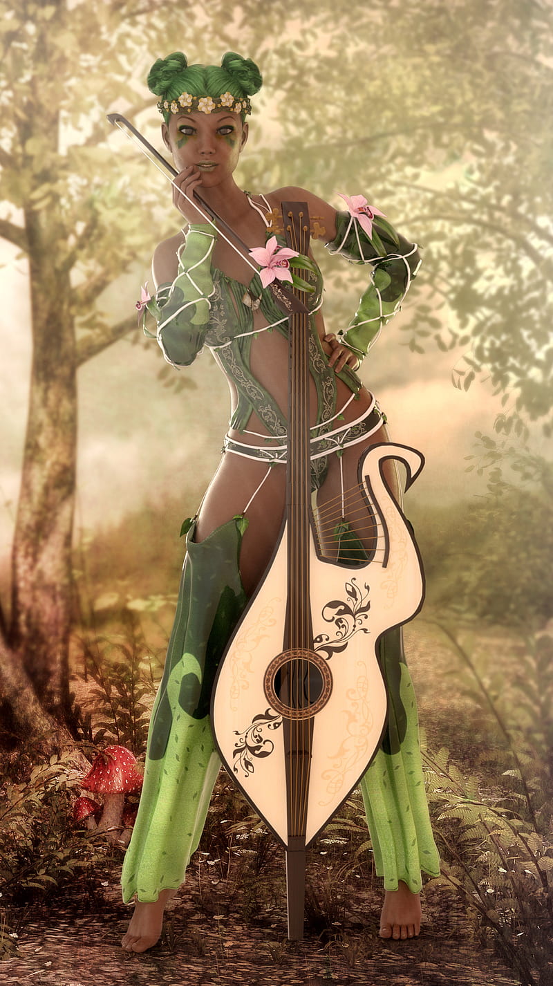 Play me a Song, artwork, bonito, elf, fairy, forest, green, music, HD phone wallpaper