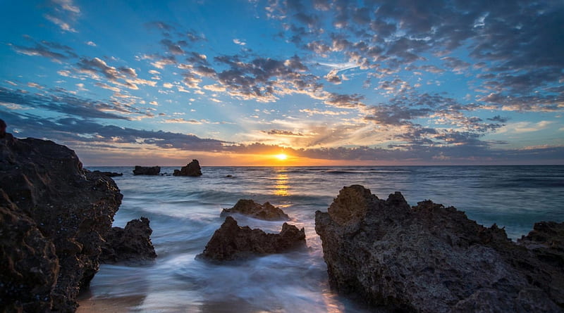 beautiful sunset on a rocky coast, beach, rocks, sunset, clouds, sea, HD wallpaper