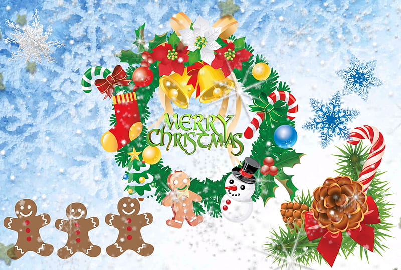 Merry Christmas, pretty, Christmas, Wreath, cones, man, Gingerbread, spirit, cool, snowflakes, white, toys, HD wallpaper