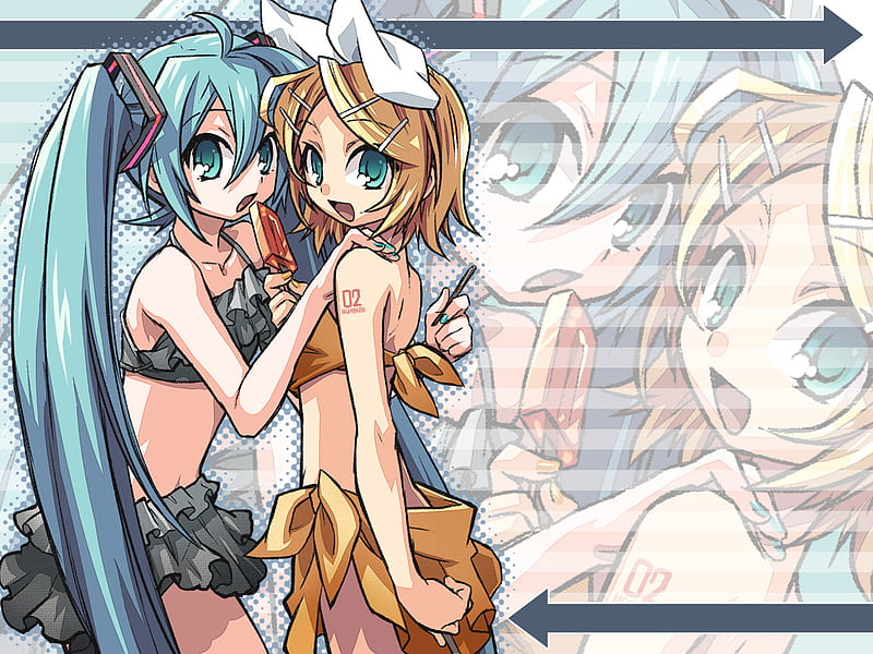 Hatsune Miku and Kagamine Rin, kagamine rin, ice cream, hatsune miku, anime, vocaloids, bikini, HD wallpaper