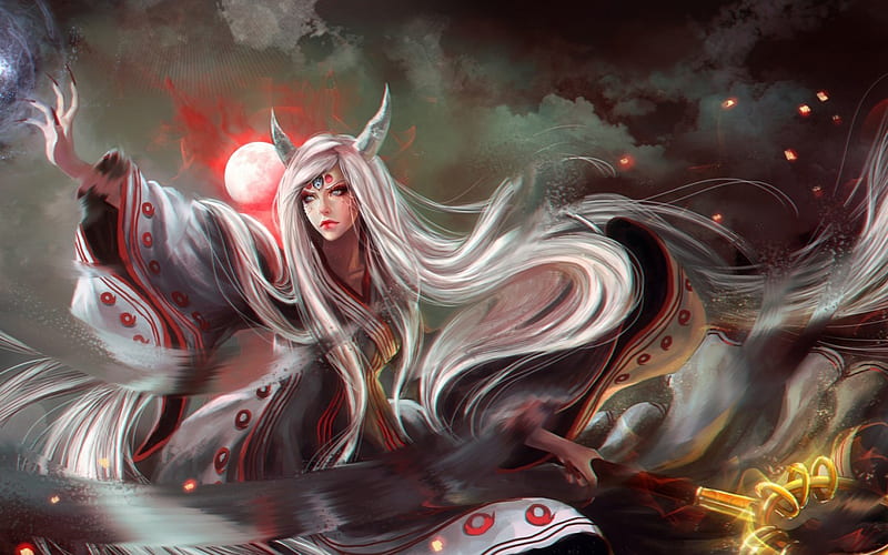 Kaguya Ootsutsuki, hornes, art, fantasy, moon, Naruto, girl, woman, HD wallpaper Kaguya Ootsutsuki, hornes, art, fantasy, moon, Naruto, girl, woman, HD wallpaper