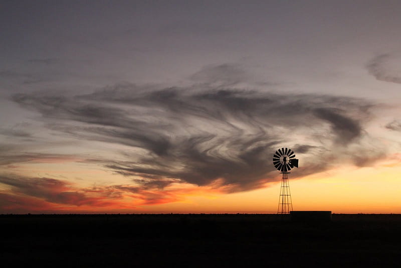 SUNSET OVER KRUGER, windmills, savannah, silouettes, clouds, skies, bushveld, sunsets, landscapes, horizons, HD wallpaper