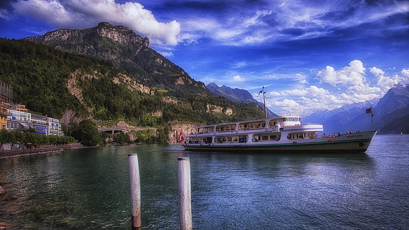 cruise ship on a beautiful swiss lake r, cruise ship, shore, mountains, town, r, clouds, lake, HD wallpaper