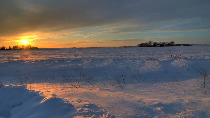 sunset over winter landscape, prairie, sunset, horizon, winter, HD wallpaper