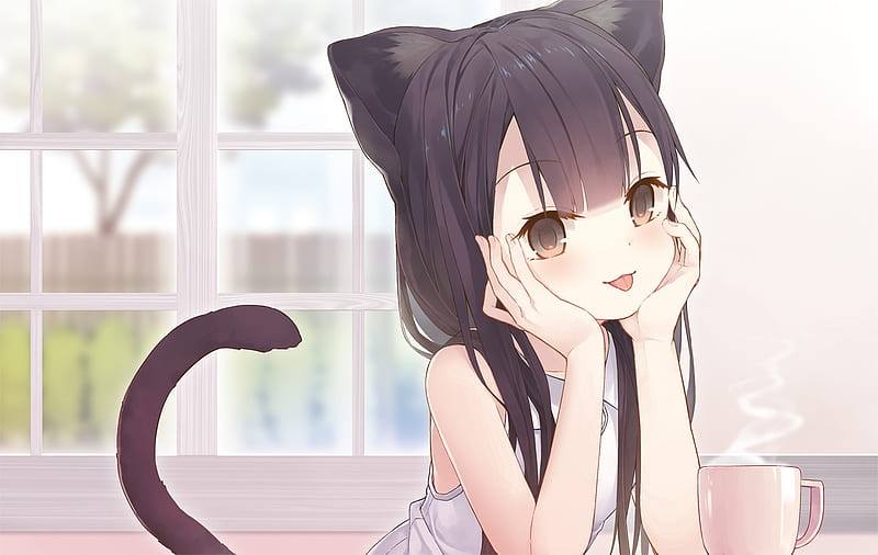 anime cat girl, animal ears, tail, loli, cute, long hair, Anime, HD wallpaper