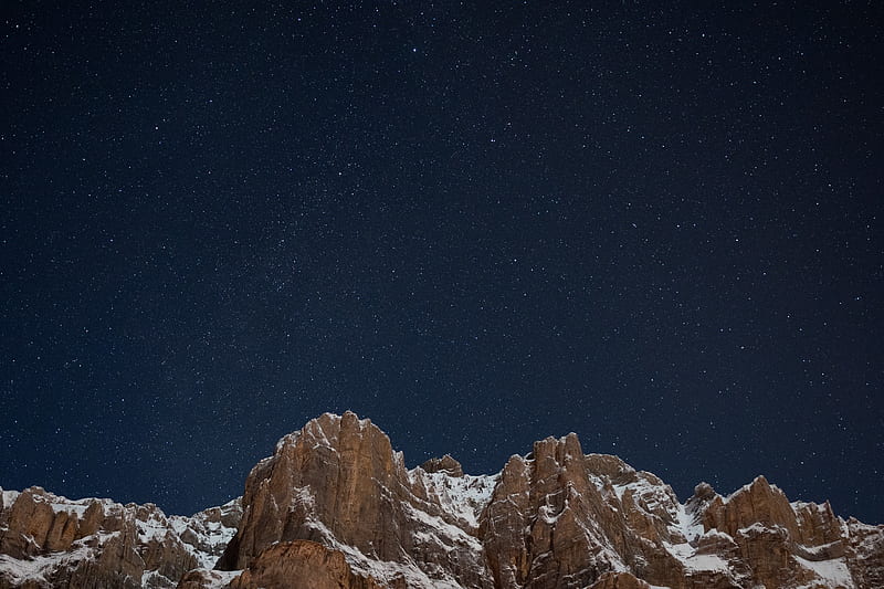mountains, snow, night, stars, starry sky, HD wallpaper