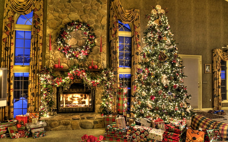 New Year, evening, fireplace, Christmas tree, light bulbs, festive evening, HD wallpaper