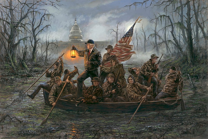 Crossing the swamp, donald trump, people, painting, president, man, swamp, pictura, art, lantern, boat, HD wallpaper