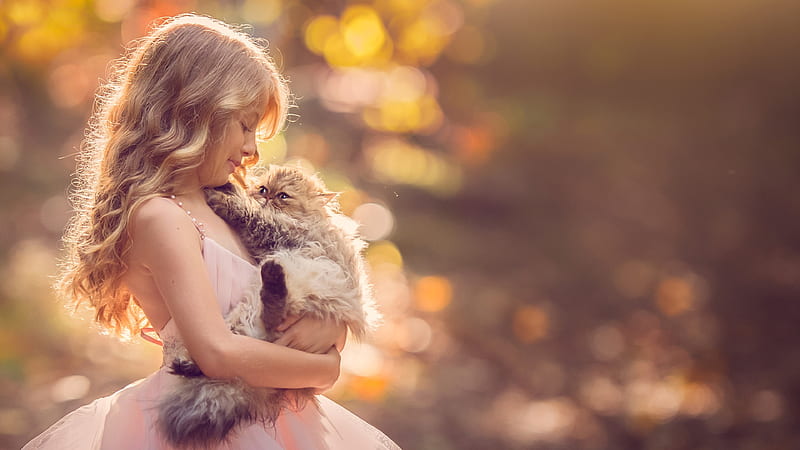 Cute Little Girl Is Wearing Light Peach Color Frock Having Cat Hands In A Blur Background Cute, HD wallpaper